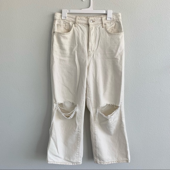 Free People High waisted Wide Leg Cropped Off White Jeans Distressed Button Fly - Picture 1 of 4